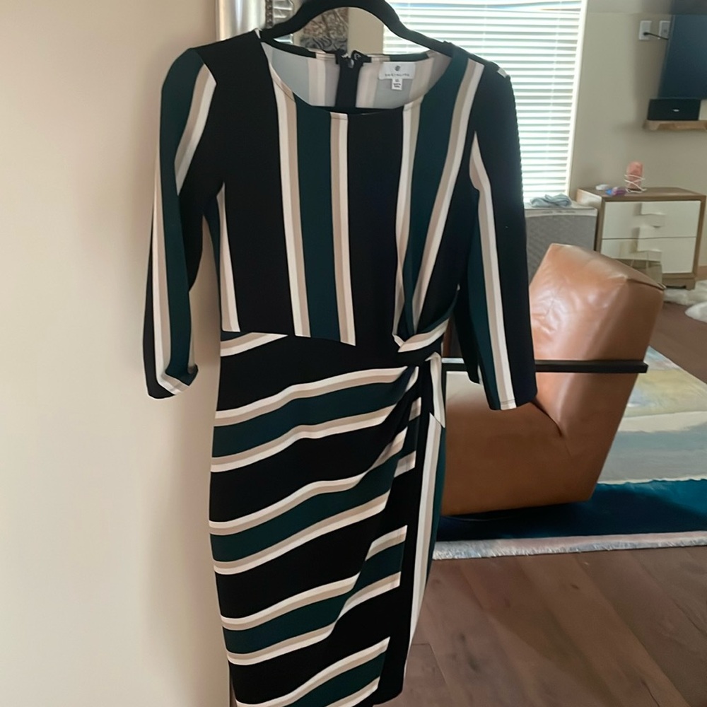 Green beige and black striped work wrap work dress
